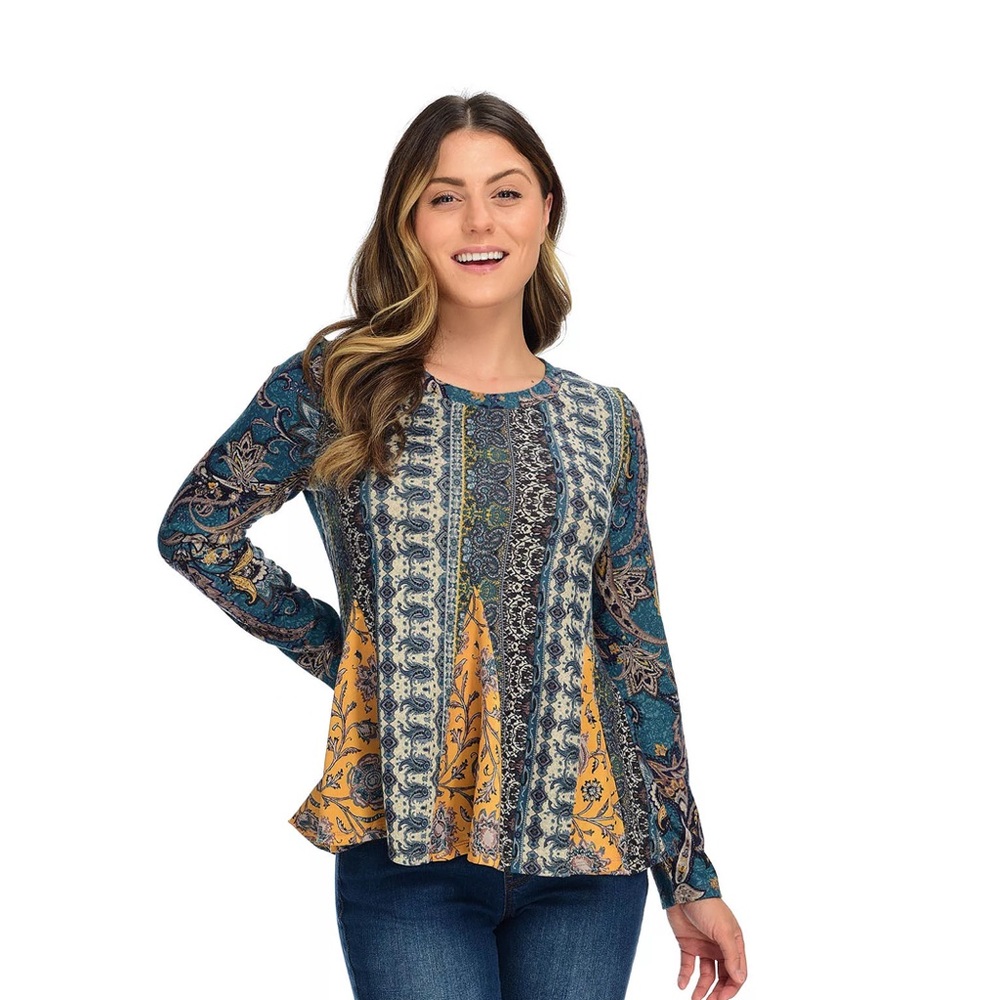 Women’s Farmers Market by One World Teal Mixed Print Long Sleeve Godet Top